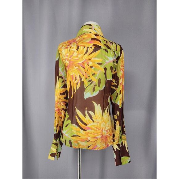 Body By Victoria Secrets Shirt Medium Brown Yellow Silk Floral Button Top Groovy - Picture 3 of 15